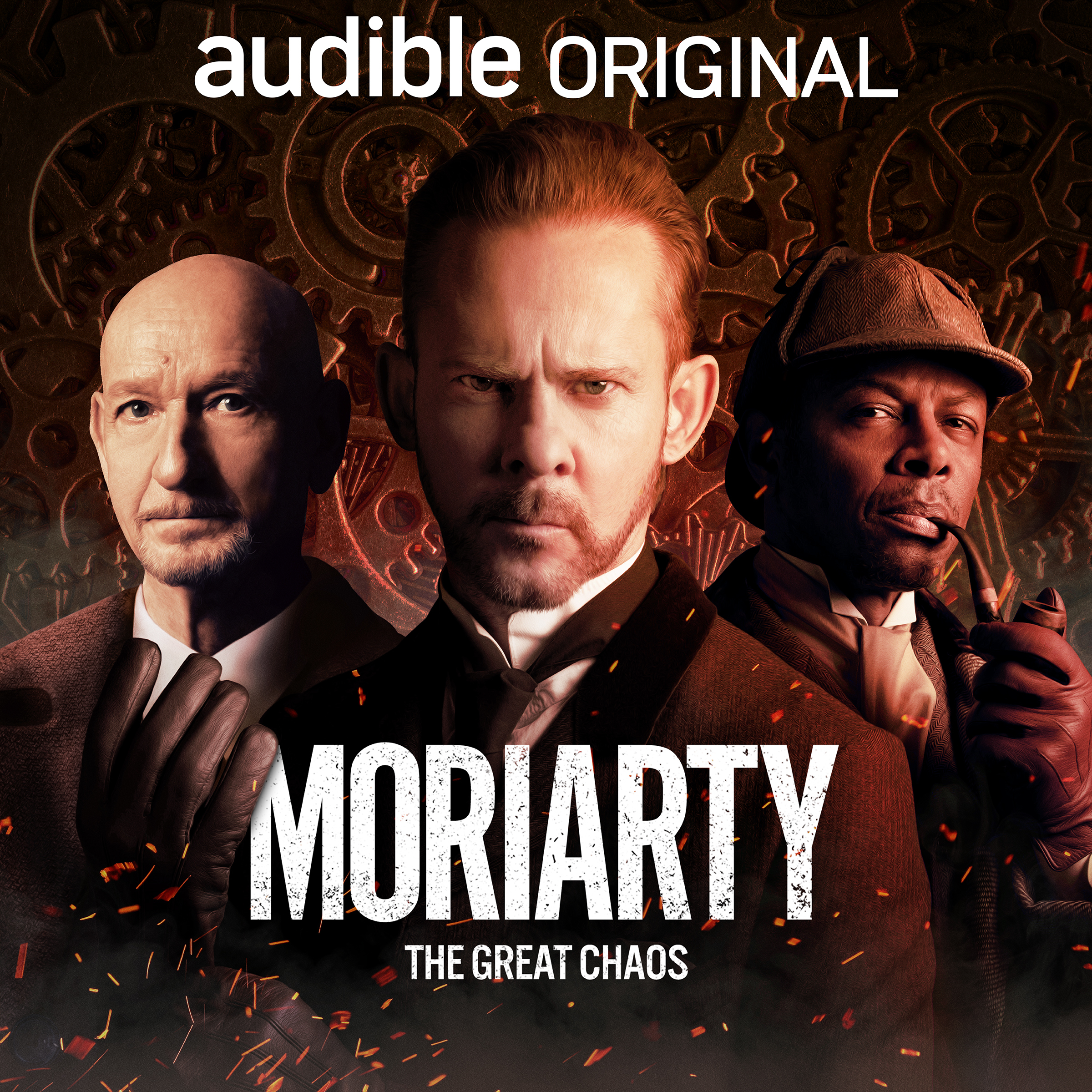 The cover art for Moriarty: The Great Chaos, featuring, left to right, Sir Ben Kingsley, Dominic Monaghan, and Phil LaMarr.